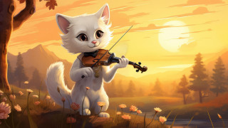 White cat violin sunset field - sunset free wallpaper