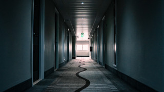 Long hallway white door green - a green light free wallpaper