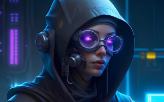 Glowing eyes cyberpunk woman hoodie - free cyberpunk wallpaper for desktop