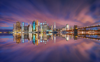 City skyline bridge water night - a colorful sky free wallpaper