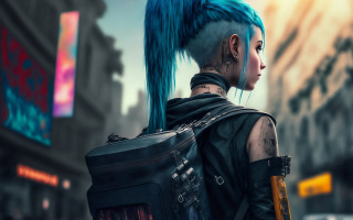 Blue hair city cyberpunk tattoo - building free wallpaper for desktop