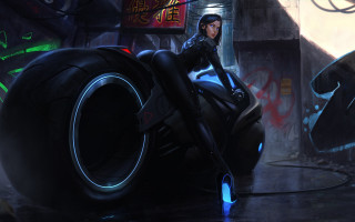 Futuristic city neon motorcycle cyberpunk - a woman riding free wallpaper