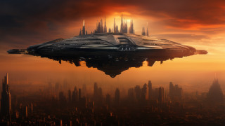 Futuristic city saucer sunset afrofuturism - free sci-fi wallpaper