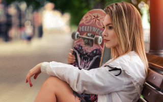Woman sitting bench skateboard blonde - a skateboard free wallpaper