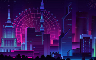 City skyline ferris wheel fireworks - synthwave style free wallpaper