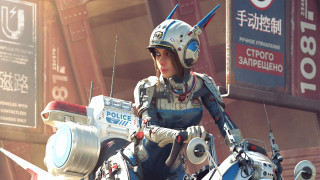 Futuristic woman motorcycle cyberpunk helmet - cedric peyravernay free wallpaper