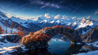 Mountain lake bridge stars night - a mountain range in the background free wallpaper