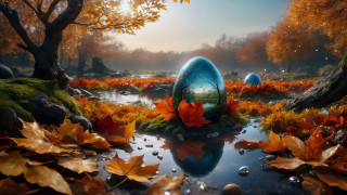 Blue egg pond leaves rocks - a forest in the background free wallpaper