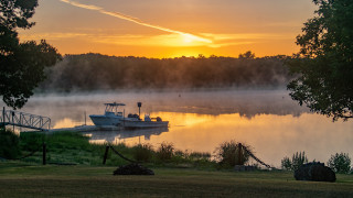 Dusk lake boat fog trees - sunset free wallpaper