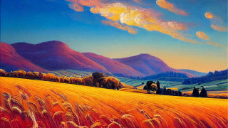 Mountains clouds field yellowgrass sky - an oil painting free wallpaper