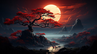 Moon fire red sky tree - matte fantasy painting free wallpaper