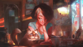 Woman cat library browneyes smile - art station free wallpaper