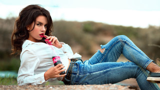 Woman sitting outdoors popart denim - dorothy coke free wallpaper
