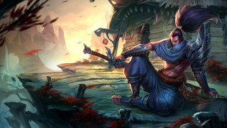 Woman sitting sword demon blood - her hand and a demon in the background free wallpaper