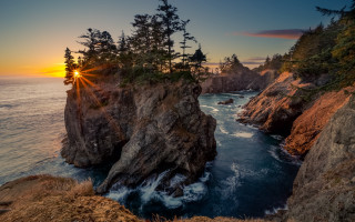 Sunset water trees cliff rimlight - naturalism free wallpaper