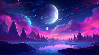 Purple blue landscape moon lake - galaxy free wallpaper