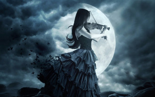 Woman dress violin full moon - a dark sky free wallpaper