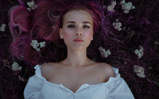 Pink haired woman flower field - anka zhuravleva free wallpaper