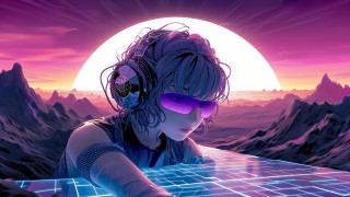 Woman headphones sunglasses sunset mountains - a sunset in the background and mountains free wallpaper