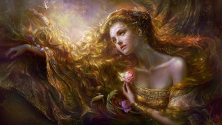 Woman long hair flower hand - a painting of a woman free wallpaper