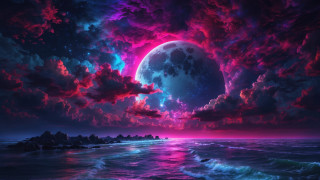 Full moon ocean purple blue - mystical free wallpaper