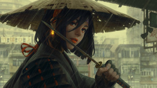Woman hat sword rain city 2 - a woman in a hat holding free wallpaper