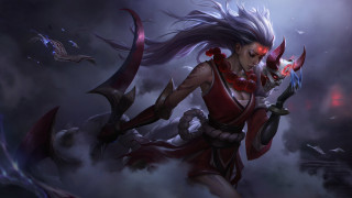 Demon woman sword horns jewelry - cloudy sky free wallpaper