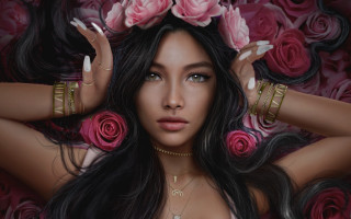 Woman rose crown long hair - her hand behind her head free wallpaper