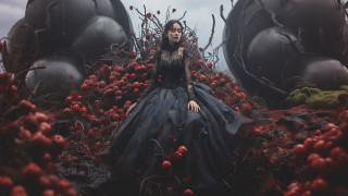 Woman black dress berry field - gothic free wallpaper