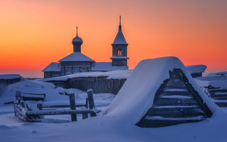 Snowy landscape church dusk ruins - a few snow free wallpaper