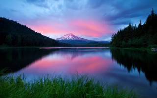 Mountain lake pink sky forest - a matte painting free wallpaper