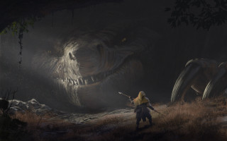 Person dinosaur forest night blonde - art greg rutkowski free wallpaper