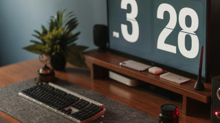 Keyboard desk monitor speakers plant - a wooden desk next free wallpaper
