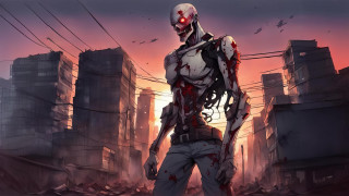 Bloody man cyberpunk city sunset - bloody free wallpaper