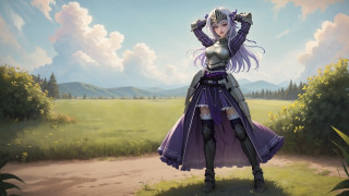 Woman purple dress field horizon - sots art free wallpaper