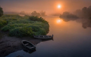Boat shore river sunset fog - river free wallpaper
