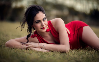 Woman red dress grass portrait - the grass free wallpaper