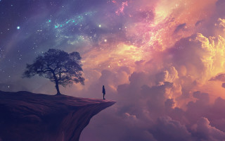 Lone person cliff tree stars - a colorful sky free wallpaper
