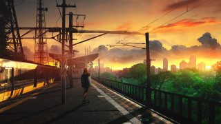 Train platform sunset cityscape railway - alena aenami free wallpaper
