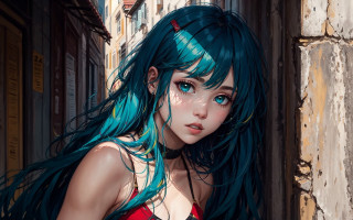 Blue hair woman building stripes - green hair free wallpaper