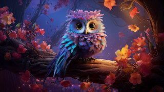 Colorful owl branch flower moon - a full moon in the background free wallpaper for desktop