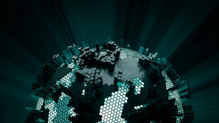 Person holding phone globe hexagons - redshift free wallpaper