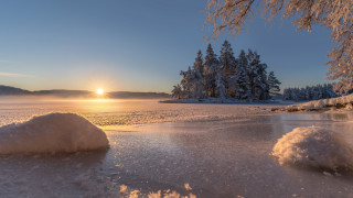 Sunset frozen lake trees snow 2 - lake free wallpaper