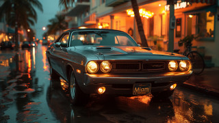 Wet street night palm building - a wet street free wallpaper