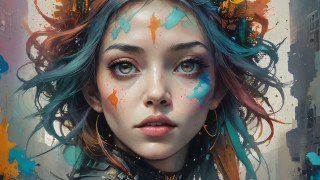 Blue haired woman cityscape embellished - paint free wallpaper