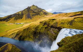 Waterfall valley mountain village stream - a small village free wallpaper