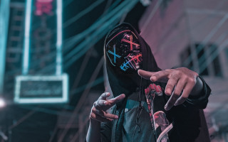 Man black hoodie neon cyberpunk - his finger free wallpaper