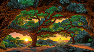 Cave tree sunset mountain autumn - the sun free wallpaper