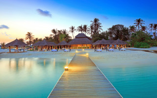 Dock beach restaurant sunset palm 3 - hut free wallpaper