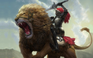 Man riding brown animal sword - epic fantasy character art free wallpaper